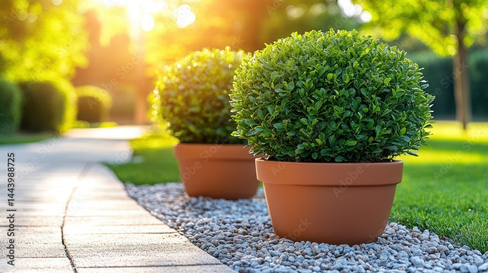 Landscaped pathway with topiary