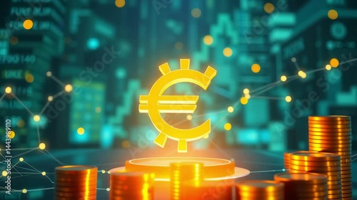 Golden Euro Symbol Surrounded by Coins and Glowing Background