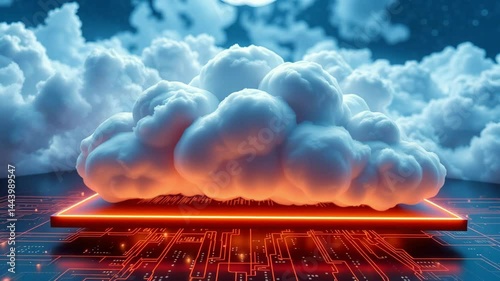 Futuristic Cloud Technology Over Circuitry Background in Neon Glow