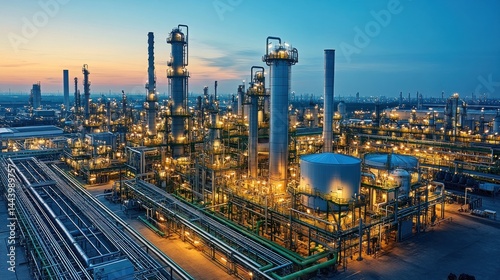 Illuminated Petrochemical Refinery at Dusk: A Complex Industrial Landscape
