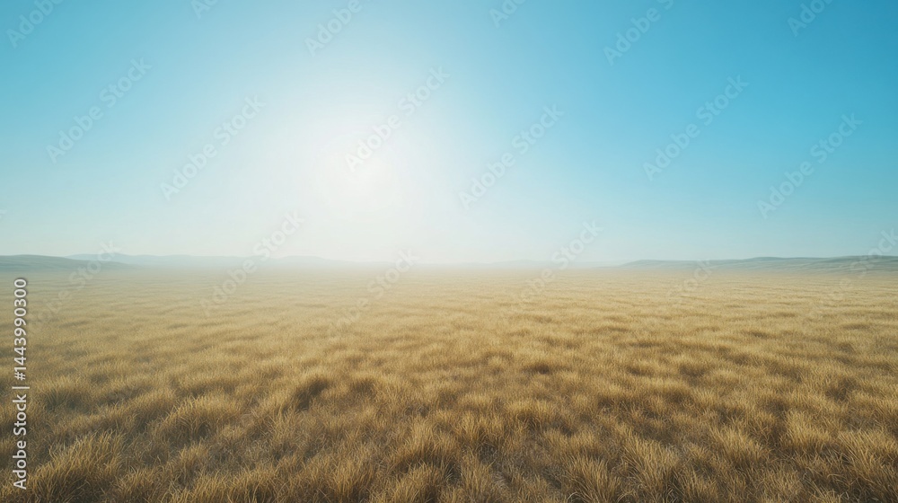 Fototapeta premium Sweeping aerial shot of wheat fields stretching to the horizon, illuminated by warm morning sunlight, gentle wind and pastel blue sky, ultra-detailed 8K