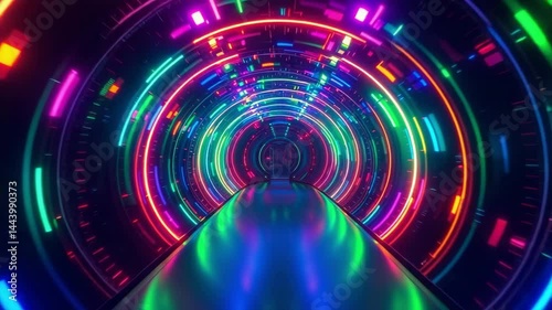 Vibrant Neon Tunnel with Colorful Lights and Dynamic Patterns