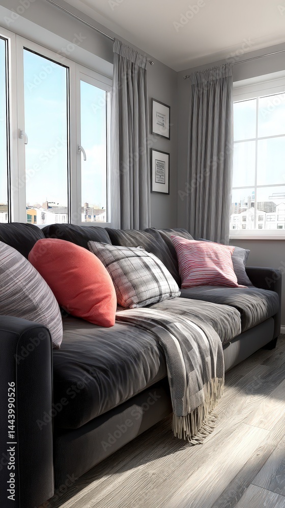 Fototapeta premium Modern Living Room Interior Design Mockup Cozy Sofa Blank Wall Natural Light