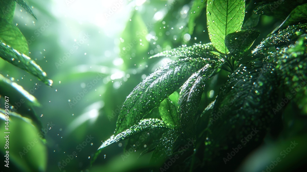 Lush green leaves glistening with rain
