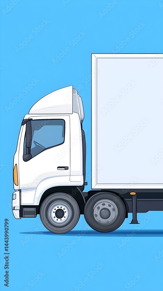 A white box truck, side profile, on a light blue background A white box truck, side profile, on a light blue background