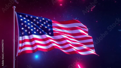 American Flag Waving in a Futuristic Neon Light Background