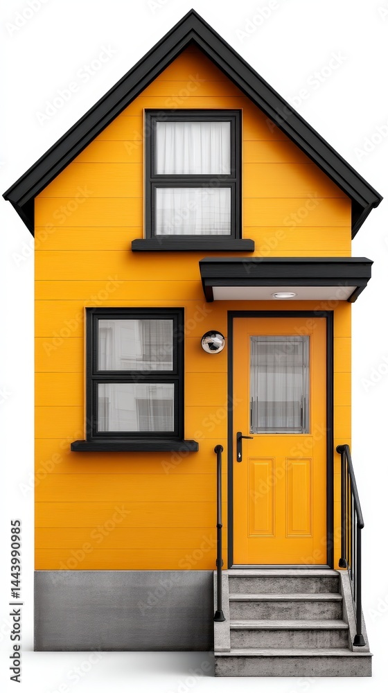 Naklejka premium Cute Yellow House Exterior Small Home Front Door Windows Steps Residential Building