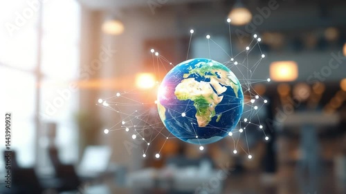 Digital globe with network connections in modern office setting