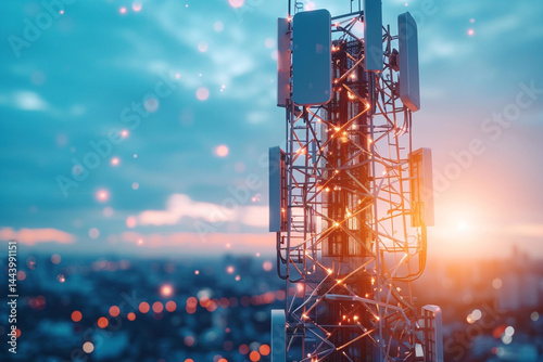 5G technology utilizes base station receivers, telecommunication towers, and polygonal designs to establish bustling global connection, transmitting information through mobile radio antennas and cellu