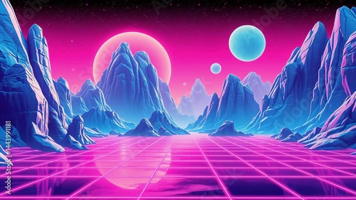 Futuristic Landscape with Neon Mountains and Colorful Planets