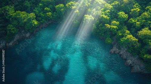 Lush tropical cove bathed in sunlight