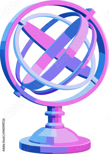 A colorful armillary sphere, an ancient astronomical instrument, depicting celestial circles and the Earth at its center.