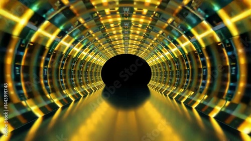 Futuristic digital tunnel with neon lights and glowing patterns