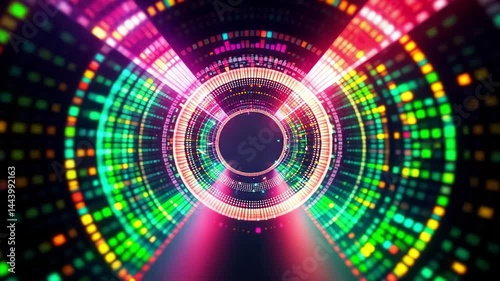 Colorful Abstract Tunnel with Bright Lights and Patterns in Motion