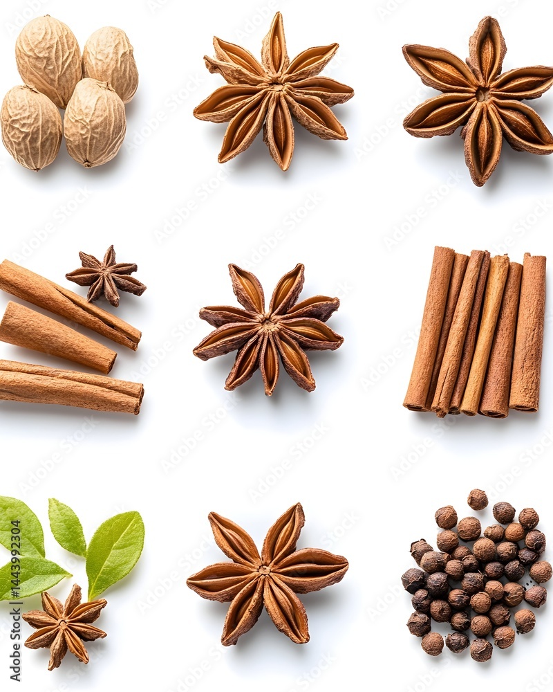 Obraz premium Aromatic spices nutmeg, star anise, cinnamon, allspice, and bay leaves, displayed individually on a white background