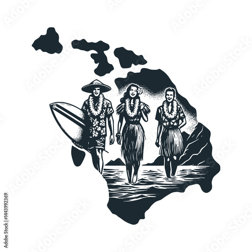 Three women one brought surfing. Hawaiian women – Black and White Icon Vector and Illustration