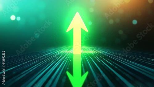 Green Arrow Pointing Upward with Abstract Background and Light Effects