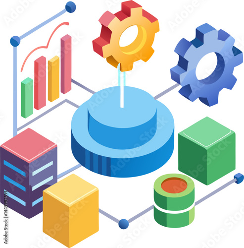 An isometric illustration showing interconnected data points, bar charts, gears, and abstract data blocks converging on a central platform, symbolizing data processing and system automation.