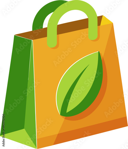 A brown and green shopping bag with a prominent green leaf symbol, representing eco-friendly and sustainable shopping practices.