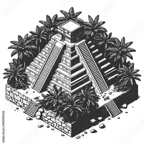Mystical Depiction of a Hidden Mayan Pyramid Amidst Dense Jungle Reflecting History and Ancient Architecture