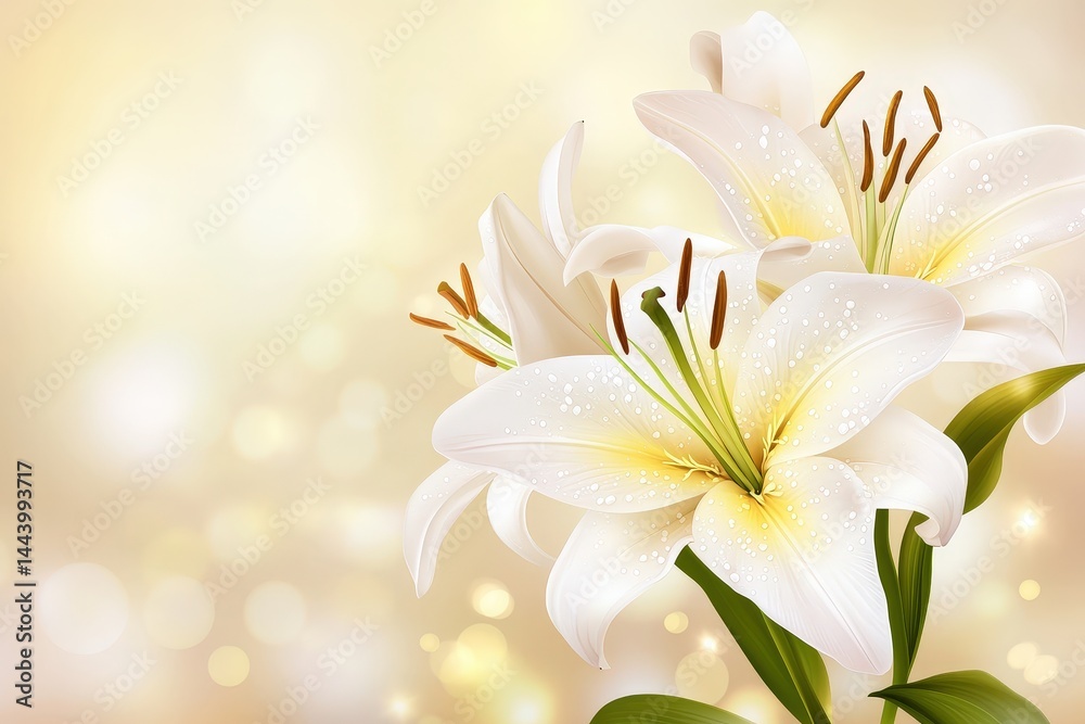 Close-up view of three delicate white lilies in soft focus. Close-up view of three delicate white lilies in soft focus.