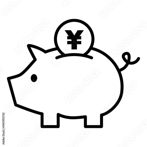 お金を貯める、かわいい豚の貯金箱の線画アイコン