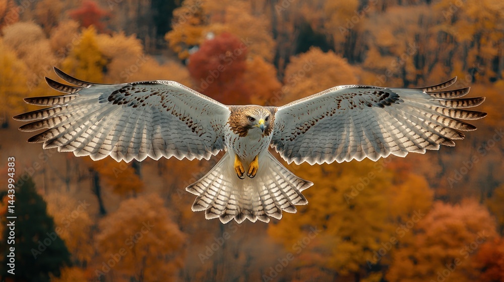 Majestic hawk in flight over autumn forest