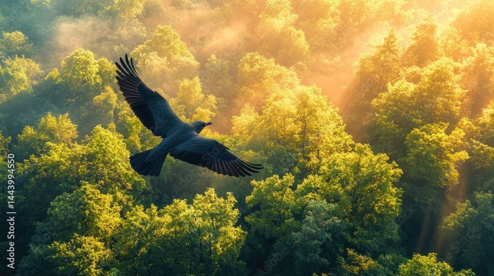 Majestic bird soaring above a misty forest at sunrise