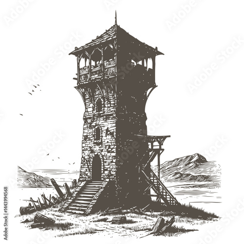 Scenic Artistic Representation of an Abandoned Medieval Watchtower Amidst Ancient Trees and Overgrown Landscape