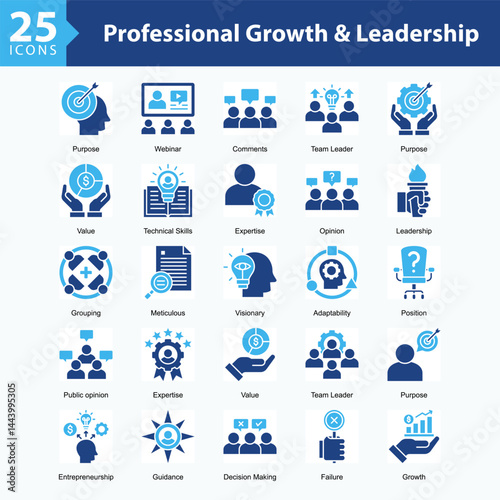 Professional Growth & Leadership is a collection of icons in sheet format showcasing professional development, leadership skills, technical expertise, and visionary direction in modern work environmen