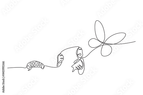 Continuous one line drawing of butterfly life cycle . Single line drawing illustration of perfect metamorphosis . Beauty butterfly concept vector art. Doodle line illustration.