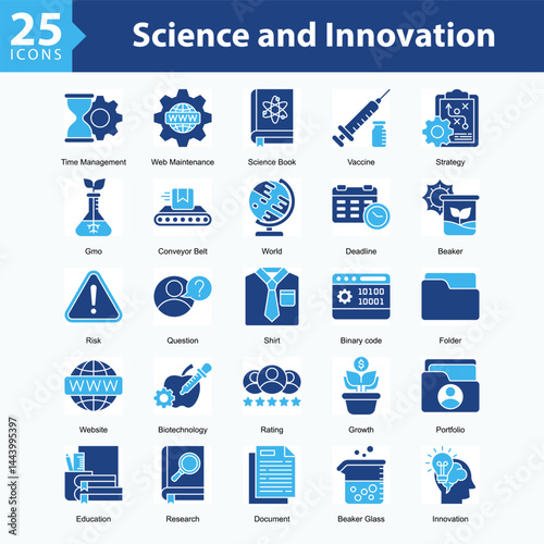 Science and Innovation is a collection of icons in sheet format illustrating scientific innovation, technology research, and the integration of digital tools and time management in modern development