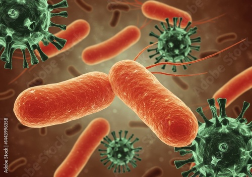 Illustration of cells biology with bacteria and virus