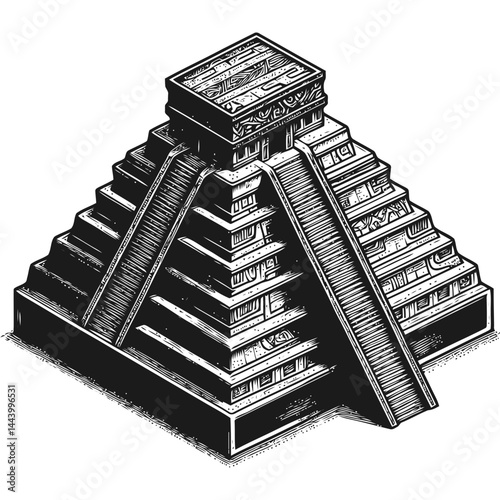 Whimsical Illustration of a Hidden Mayan Pyramid Surrounded by Lush Jungle and Ancient Mythical Themes