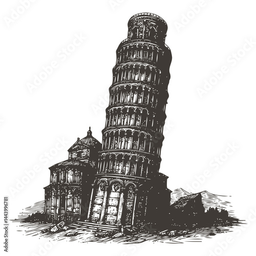 Timeless Artistic Representation of a Leaning Bell Tower Weathered Through Centuries of History and Culture