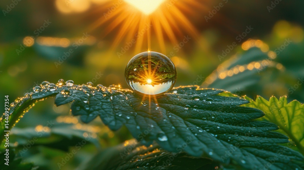 Miniature world captured in dew-kissed leaf