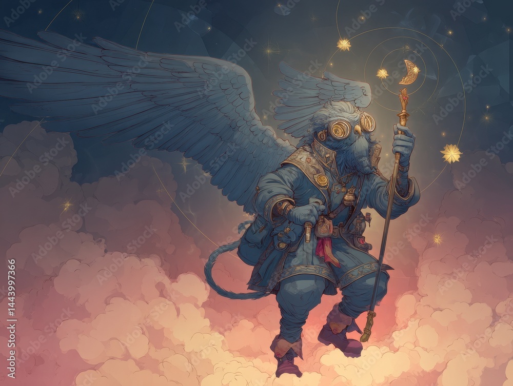 Fototapeta premium A stylized figure with wings soaring through a celestial scene.