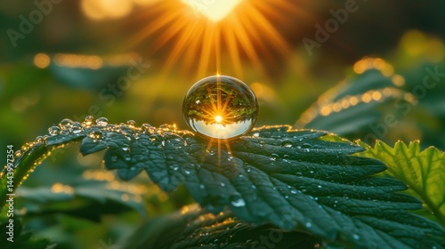 Obraz na płótnie Miniature world captured in dew-kissed leaf w salonie