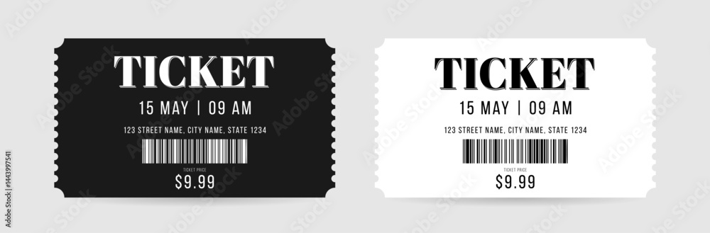 Obraz premium Classic set of entrance tickets. Black and white vector illustration isolated. Entry template for cinema, theater, show, amusement and more