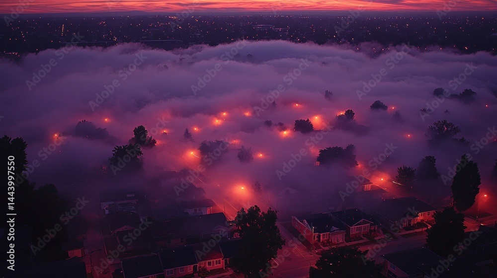 Misty suburban streets at dawn