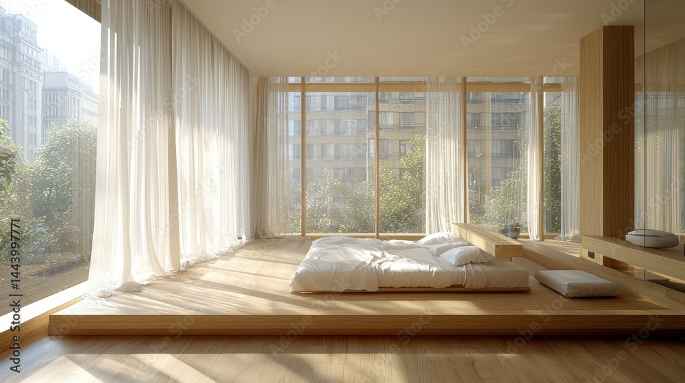Minimalist bedroom with wooden platform bed and large windows