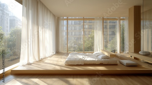Obraz na płótnie Minimalist bedroom with wooden platform bed and large windows w salonie