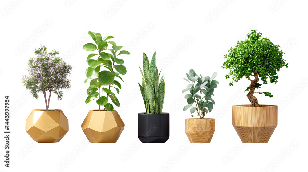 Obraz premium Golden Potted Plants: A collection of potted plants in various shapes and sizes, featuring a mix of green and grey foliage. The pots are predominantly gold and black, with some wooden accents.