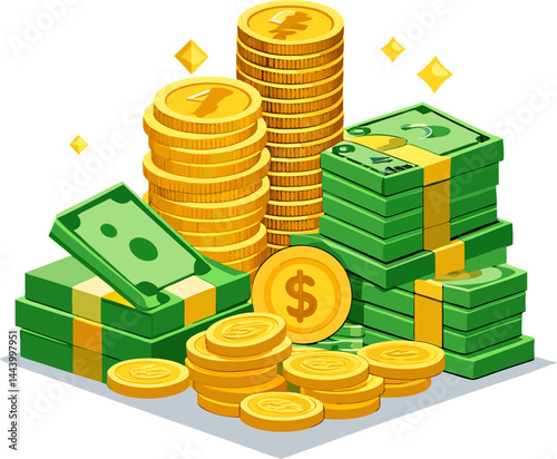 Stacks of green banknotes and piles of gold coins are scattered, representing wealth, finance, and abundance.