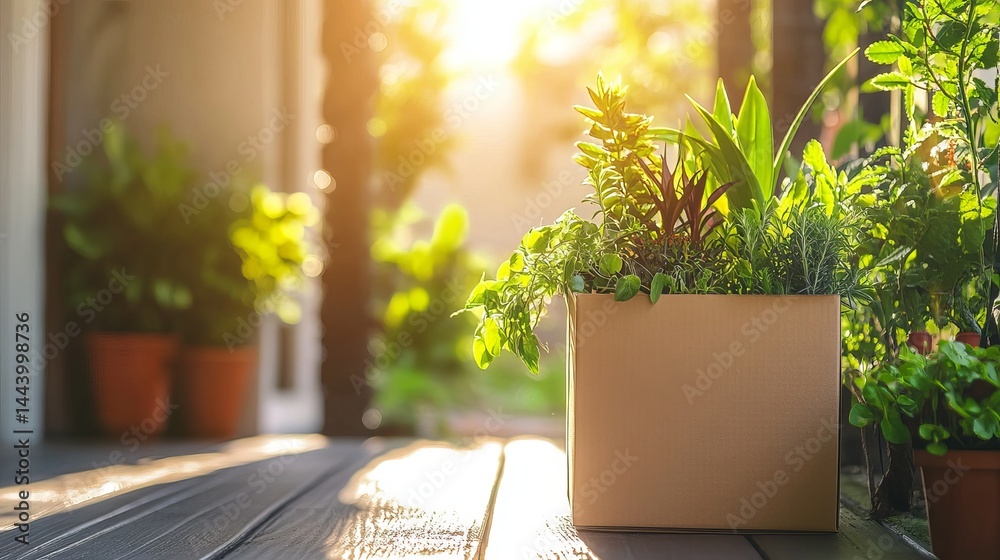 Sunlight Drenched Herb Garden in Rustic Cardboard Box Planter on Wooden Porch Summer Green Plants Lush Foliage Natural Light Outdoor Home Decor calm fresh peace flora image photo Sunlight Drenched Herb Garden in Rustic Cardboard Box Planter on Wooden Porch Summer Green Plants Lush Foliage Natural Light Outdoor Home Decor calm fresh peace flora image photo