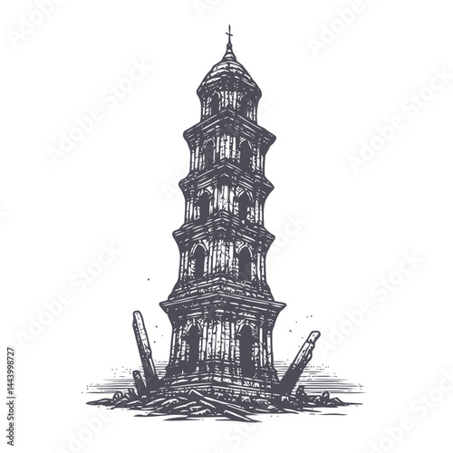Decorative Artwork of a Leaning Bell Tower Worn by Time Representing Architectural Elegance and History
