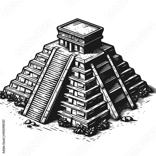 Bright and Artistic Illustration of a Hidden Mayan Pyramid Among Tropical Jungle with Cultural Heritage Themes