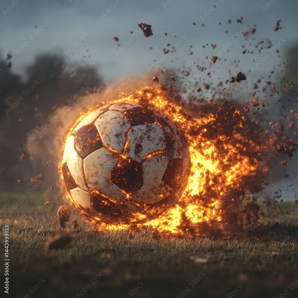 Fototapeta premium Fiery, battered soccer ball erupts in flames on a field.