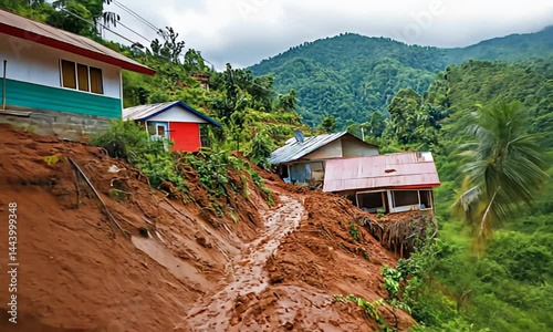 Houses perched precariously on edge of muddy landslide in mountainous area