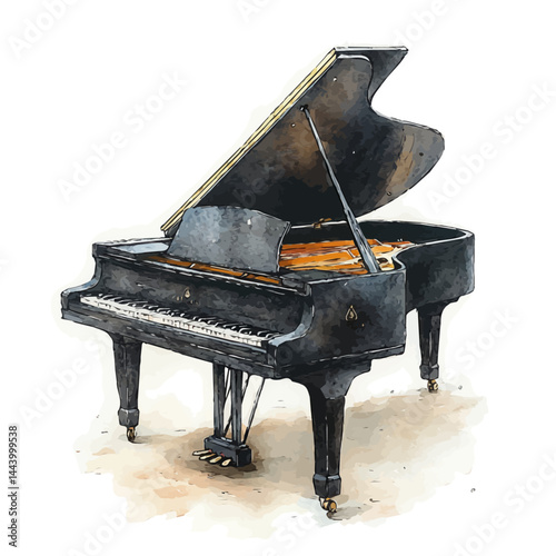 Grand Pianos Open Lid, watercolor vector, isolated on a white background.